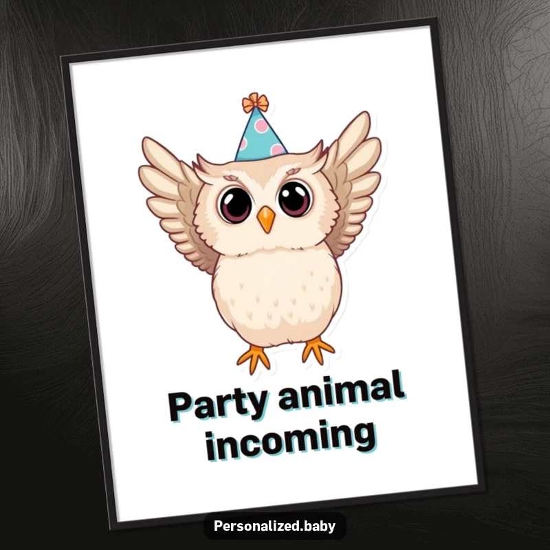 Funny poster of a baby owl in a party hat swooping dramatically, a humorous artwork depicting surprise and excitement.