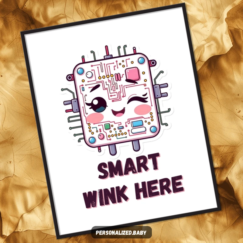Funny Poster: Cheerful, animated circuit board character winks. Cool wall art and funny gift.