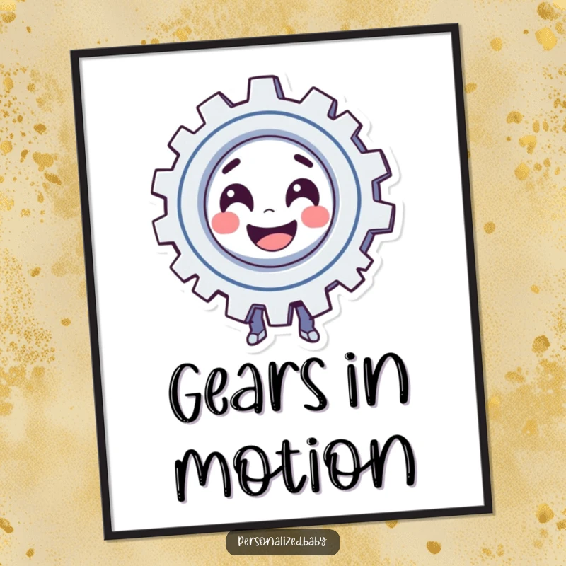 Funny Poster: Smiling, spinning gear character exudes playful automation. Whimsical wall art and funny gift.