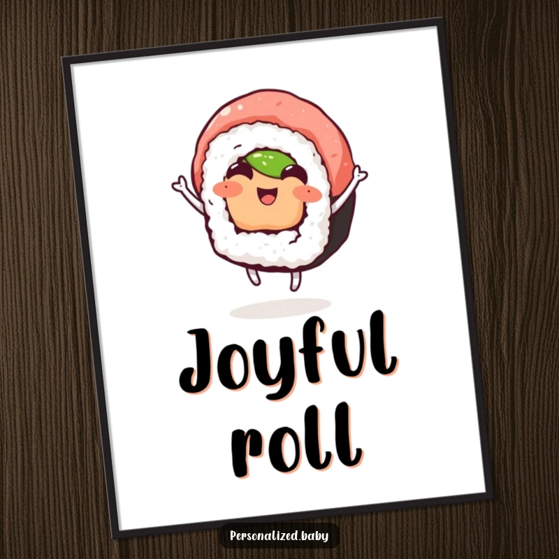 Funny poster art of a happy sushi roll dancing with abandon, radiating pure joy and infectious energy, ideal funny gift.