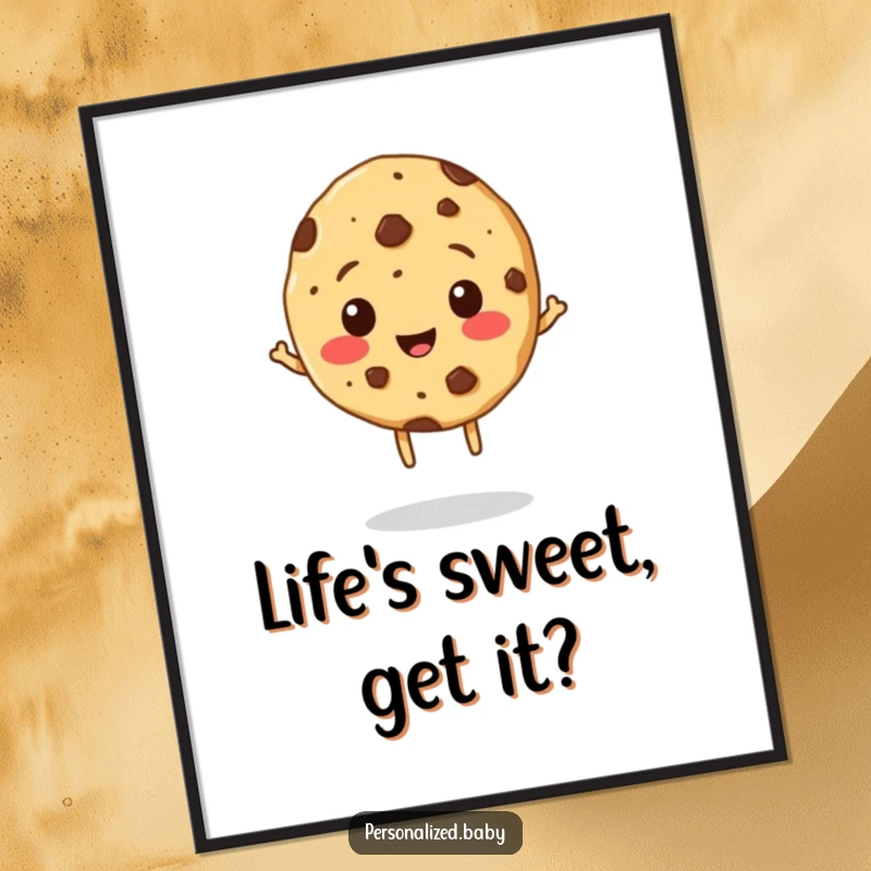 Funny Cookie Poster: A cheerful, bouncing cookie with chocolate chip freckles, presented as vibrant wall art.