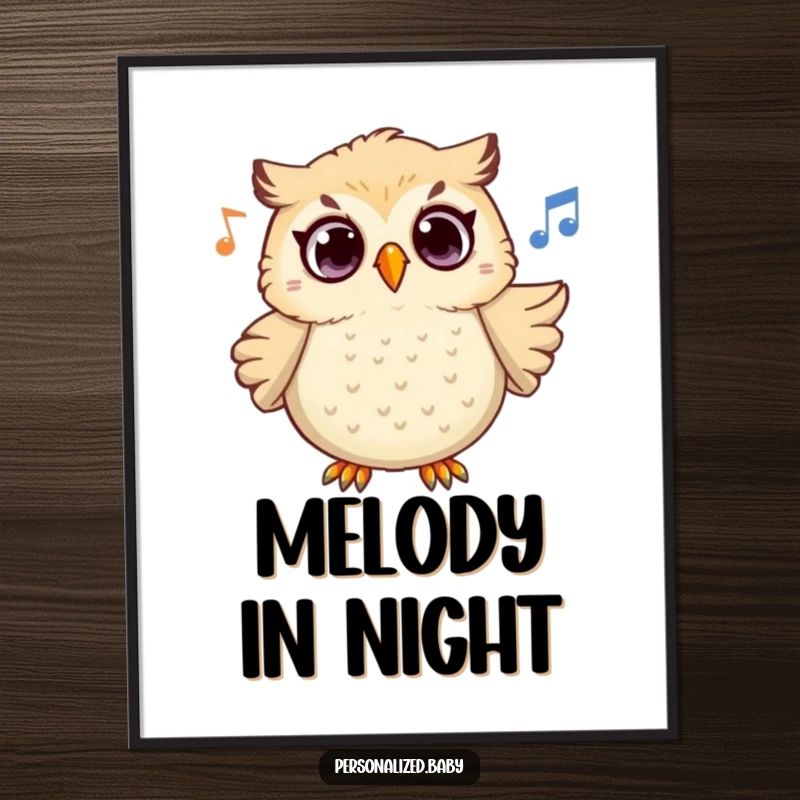 Funny Owl Melody Poster depicting a surprised owl character hooting a beautiful tune, radiating whimsical charm and unexpected joy.