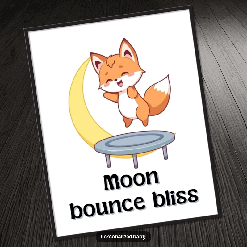 Funny poster of a fox cub gleefully bouncing on a crescent moon, a whimsical artwork symbolizing dreams and playfulness.