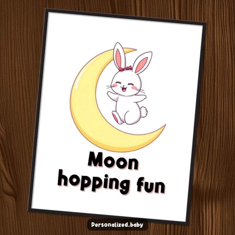 Funny poster showing a giggling bunny hopping joyfully on a huge crescent moon against a starry backdrop.