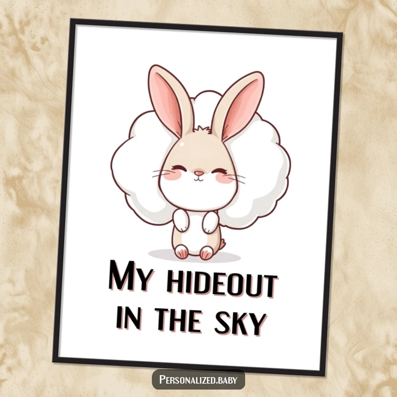 Funny Rabbit Poster: Charming artwork of a rabbit peeking from behind a winking cloud, bringing delightful whimsy and humor to any room.