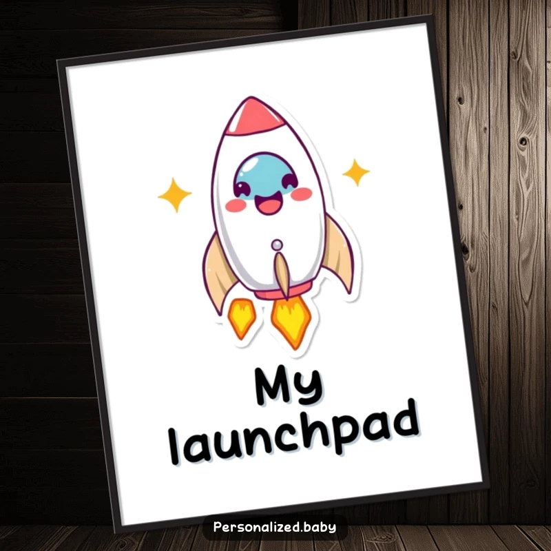 Funny Poster: Beaming rocket ship character launches happily into space. Inspiring wall art and funny gift.