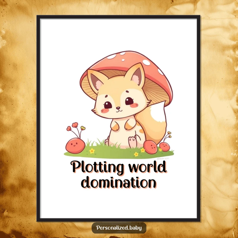 Funny Poster: A mischievous fox kit peeks slyly from behind a large mushroom, embodying woodland charm and playful curiosity.