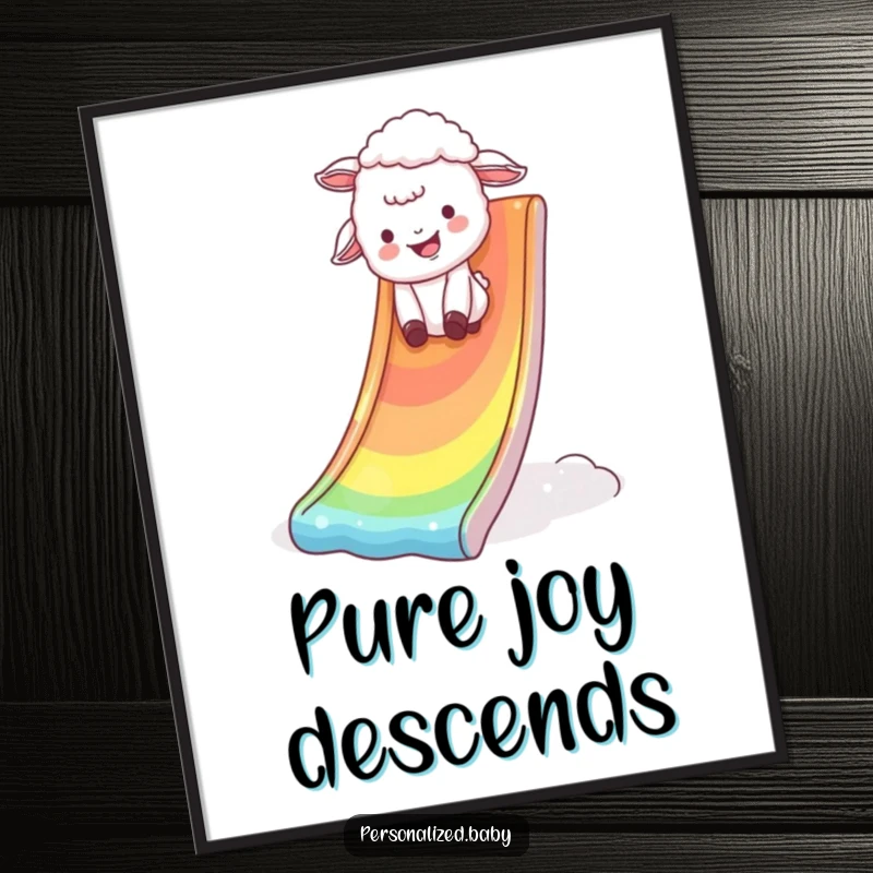 Funny Poster showing a giggling lamb hilariously tumbling down a shimmering rainbow slide, embodying pure, infectious joy.