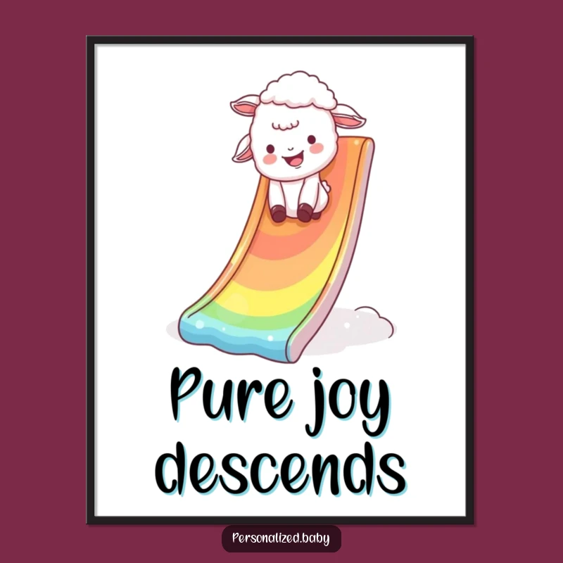 Funny Rainbow Joy Poster: Lamb on slide, a humorous wall art gift.