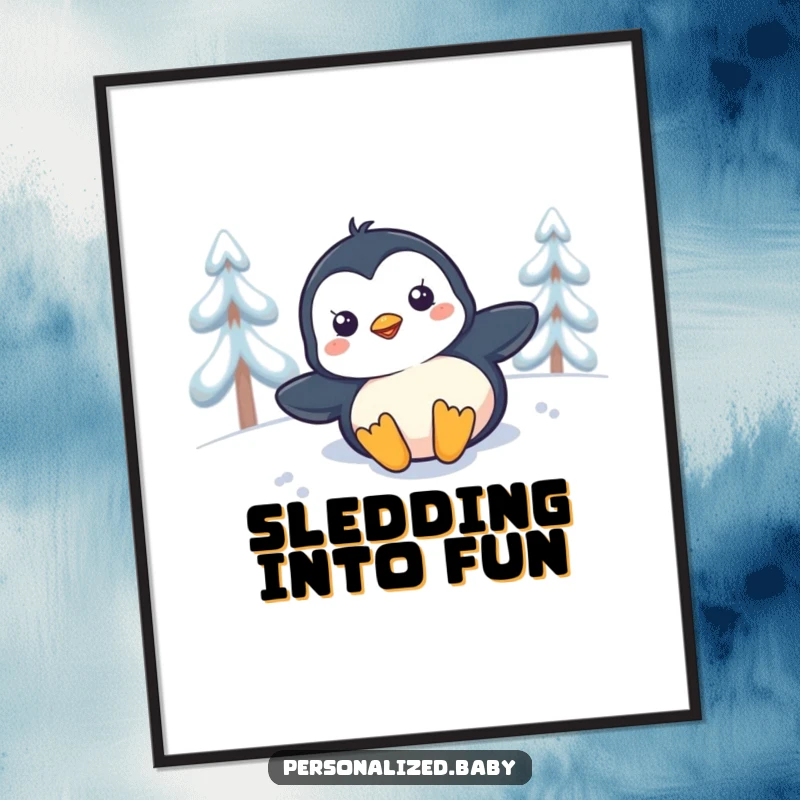 Funny penguin chick sliding down a snow-covered slope on its belly, cute and humorous wall art.