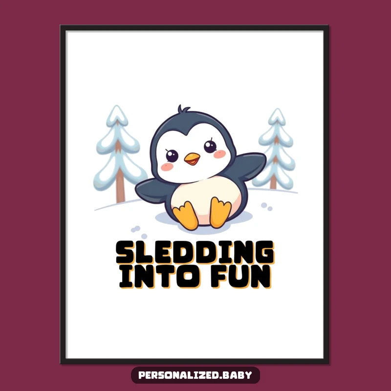 Funny Penguin Snow Slide Poster - Charming wall art and perfect funny gift.