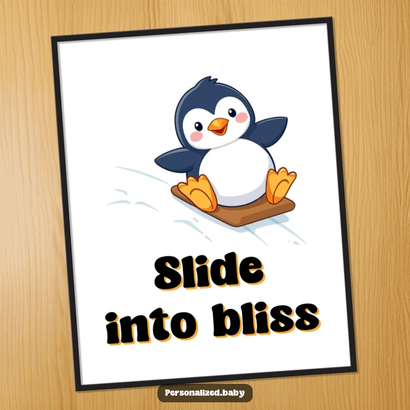Funny poster art of a happy penguin sliding down a starry, icy slope, evoking winter magic and a sense of playful adventure.