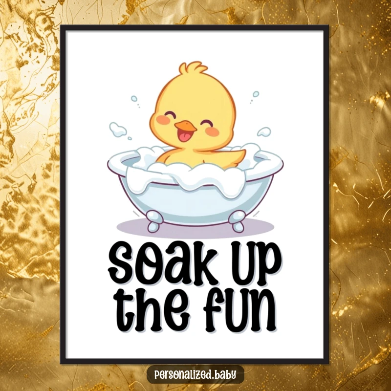 Funny Poster of a cheerful duckling joyfully splashing in an overflowing bathtub filled with foam, bringing playful energy.