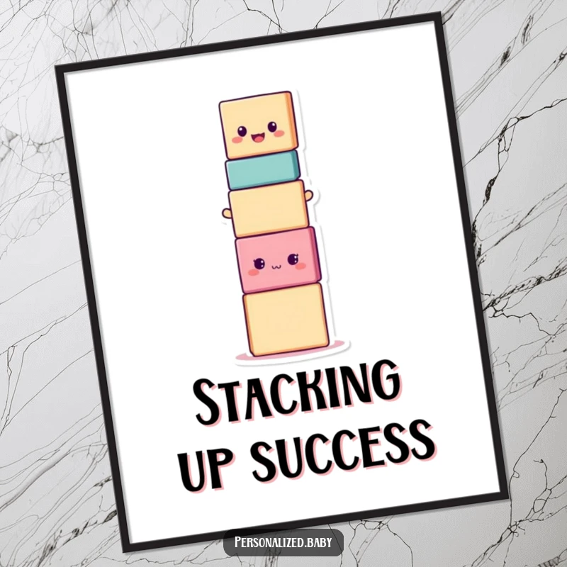 Funny smiling stacking block character in a precarious balancing act, a humorous poster for joyful, amusing wall decor.