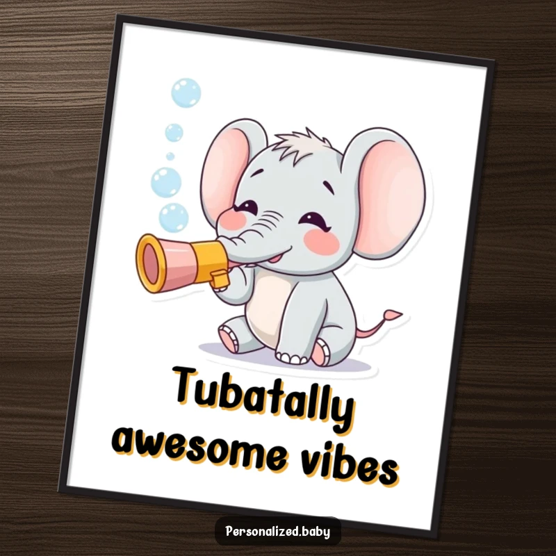 Funny poster showcasing a tiny, jubilant elephant character blowing bubbles from a toy trumpet, creating a whimsical and happy scene.