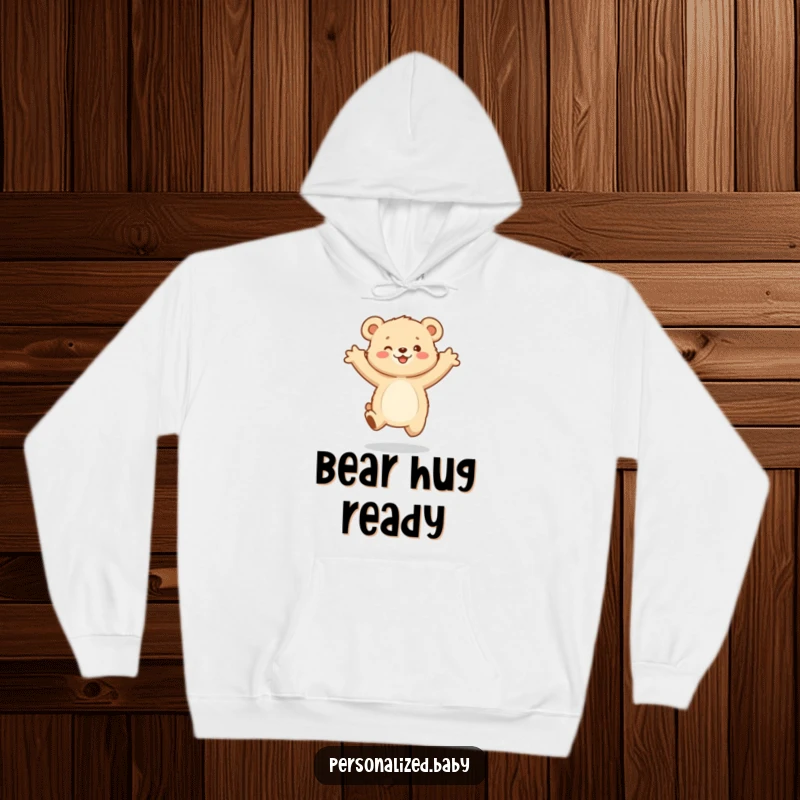 Funny Hoodie: A small, fluffy bear cub jumping with outstretched arms, embodying joyful embrace and cuddly cuteness.