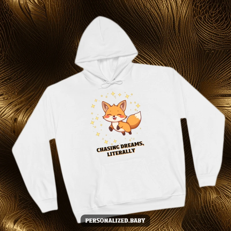 Funny Hoodie depicting a smiling fox leaping through twinkling constellations, offering warmth and whimsical celestial charm.