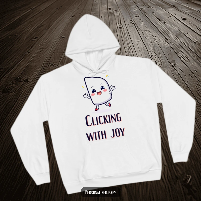 Funny hoodie featuring a cheerful, blinking cursor character dancing with delight, ideal for coders and writers.