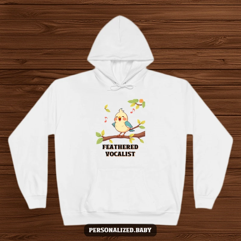 Funny, happy bird character perched on a branch, singing its heart out, featured on this warm and snuggly hoodie.
