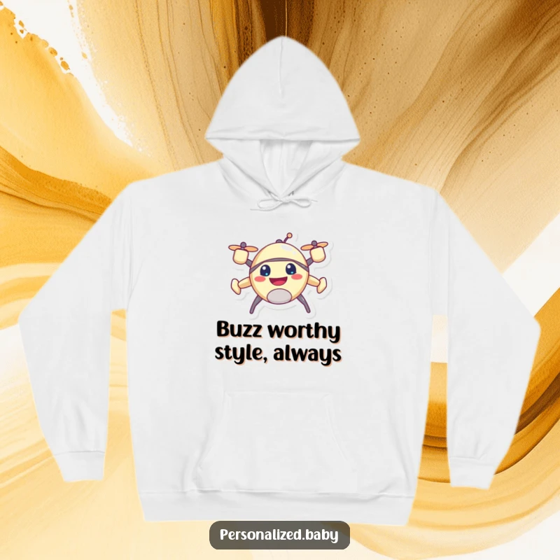 Funny drone hoodie, showing a happy, buzzing character with a big grin, perfect for tech fans.
