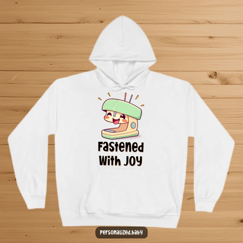 Funny stapler hoodie featuring a smiling stapler character with staples popping out in excitement, perfect for cozy productivity.
