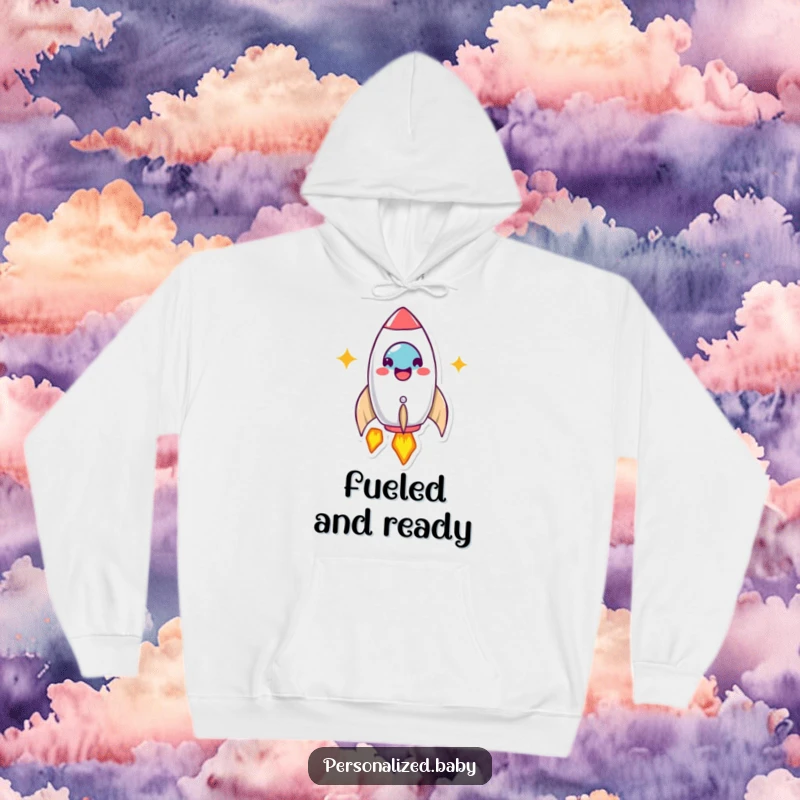Funny Hoodie: Beaming rocket ship character launches happily. Symbolizes ambition and adventure. A great funny gift.