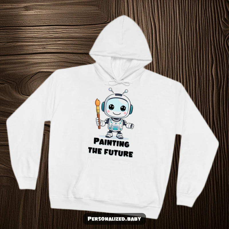 Funny hoodie featuring a happy, buzzing AI robot character holding a paintbrush, ideal for tech enthusiasts and artists.