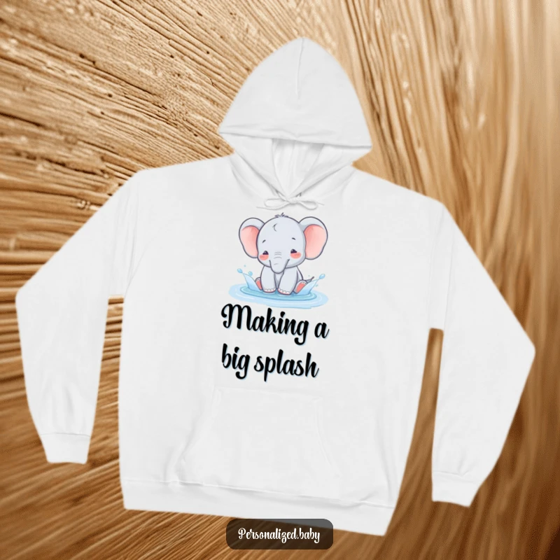 Funny wobbly baby elephant happily splashing in a puddle, designed for cozy and humorous wear.
