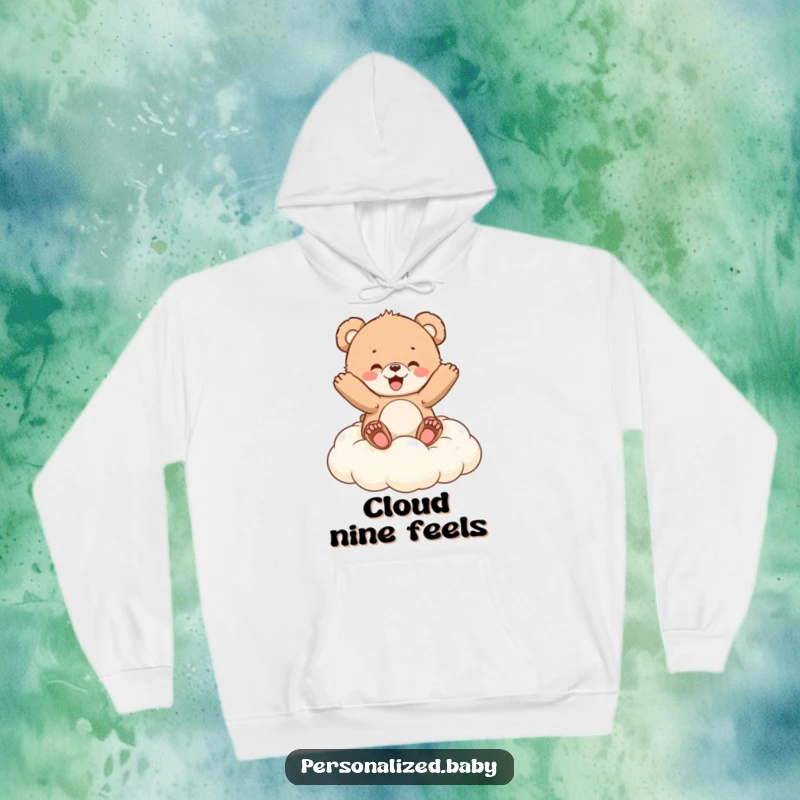 Funny Hoodie: A fluffy bear cub bounces with exhilaration on a cloud cushion, offering cozy comfort and cheerful vibes.