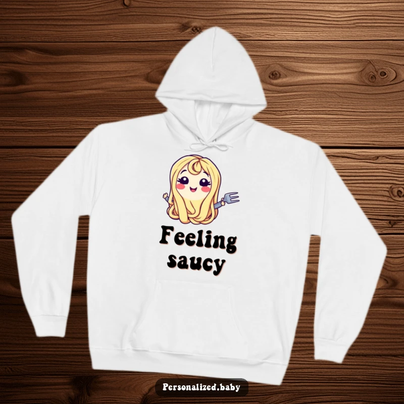 Funny Hoodie: Smiling wiggling spaghetti noodle character with a fork, radiating playful hunger and pasta love, a warm funny gift.