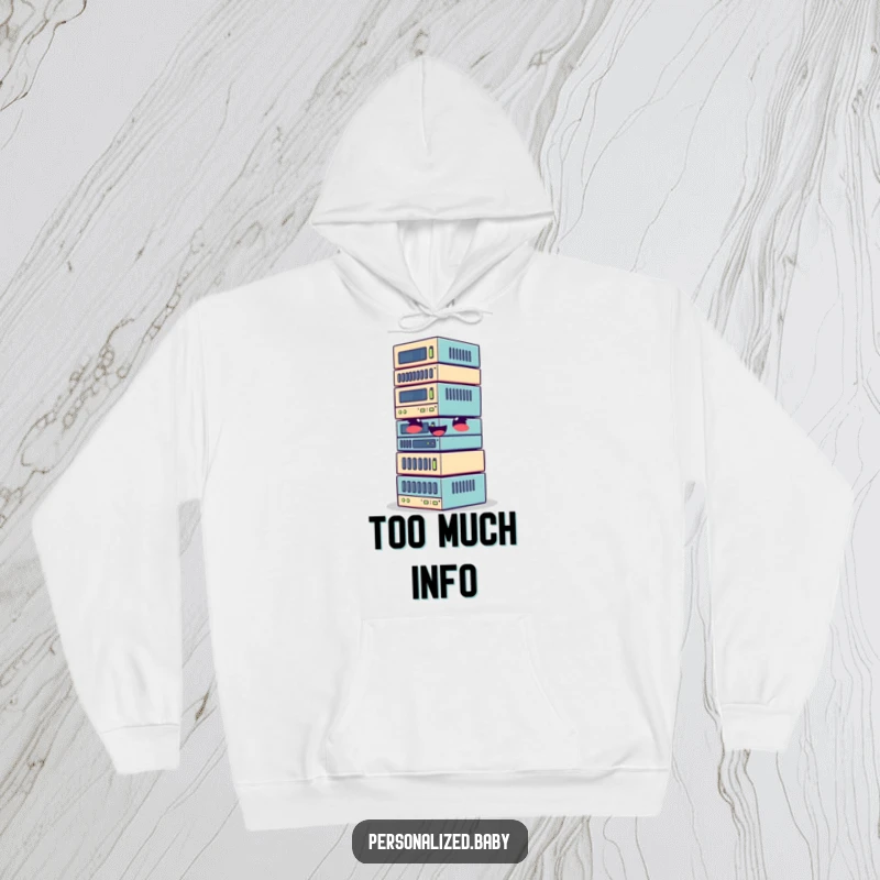 Funny hoodie depicting a giggling, wobbly stack of data blocks, offering warmth and tech humor.