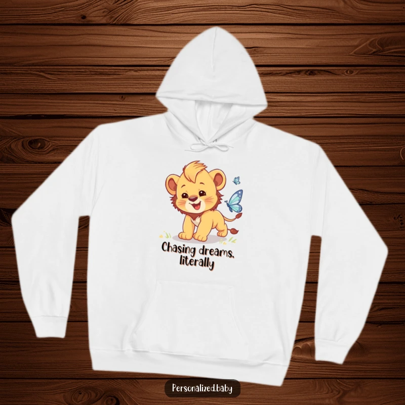 Funny hoodie with a clumsy baby lion cub with fluffy mane trying to catch a sparkly butterfly.