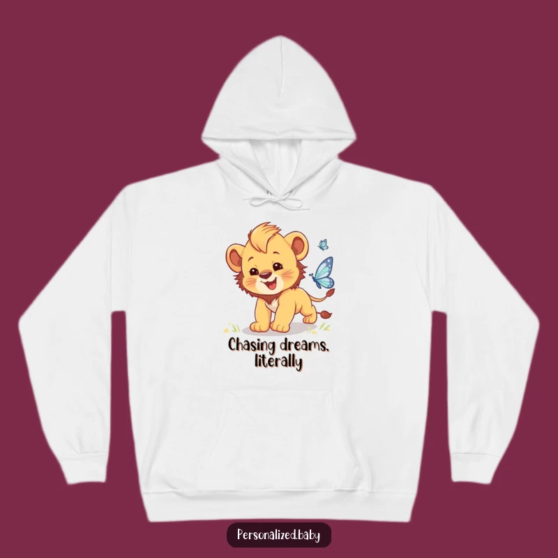 Funny Lion Cub Butterfly Chase Hoodie: Cozy Clumsy Cub Sweatshirt for Warm Hugs