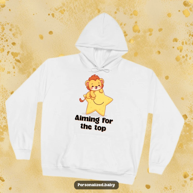 Funny hoodie featuring a brave lion cub climbing a smiling star, offering warmth and a symbol of courage and ambition.