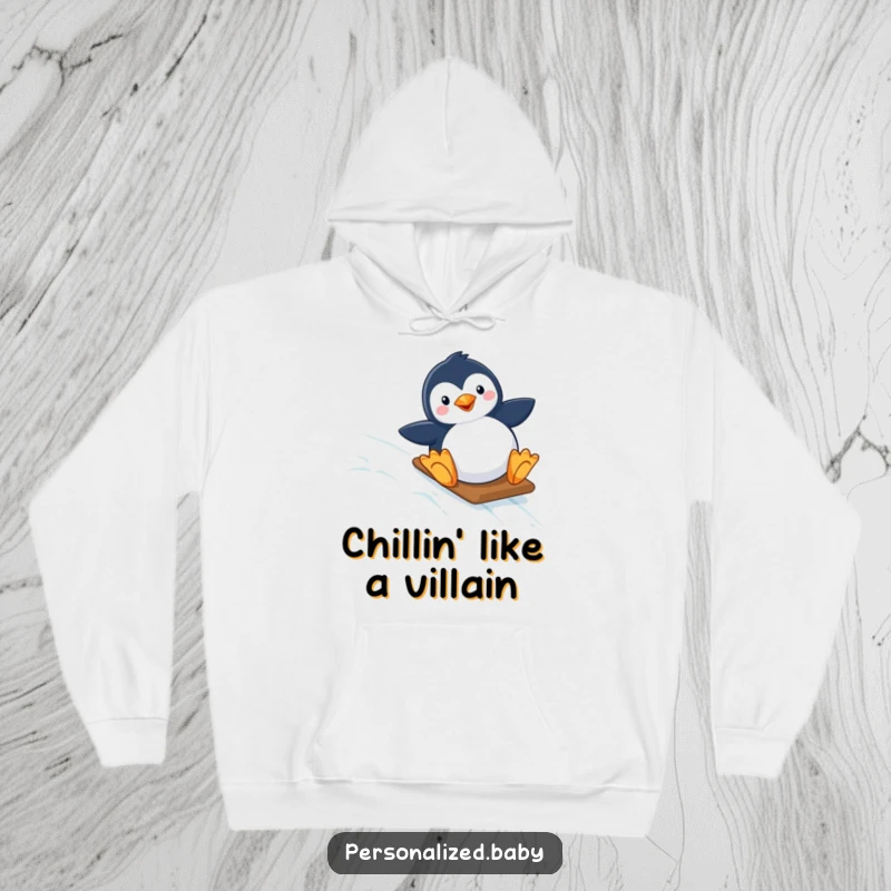 Funny hoodie showcasing a joyful penguin sliding down a sparkling, icy slope. A cozy and humorous winter apparel choice.