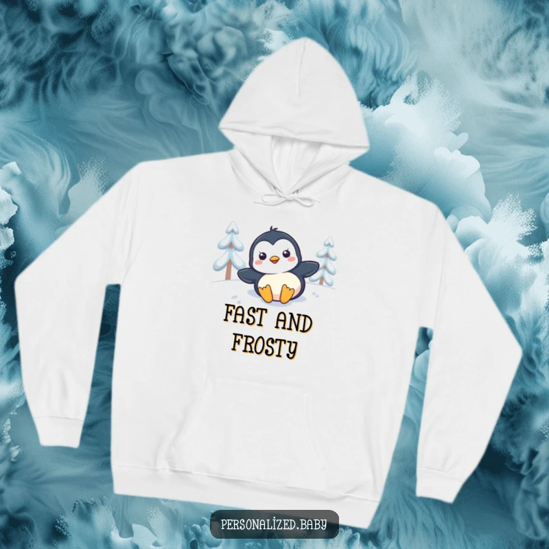 Funny penguin chick sliding down a snowy slope on its belly, a cozy and humorous hoodie.