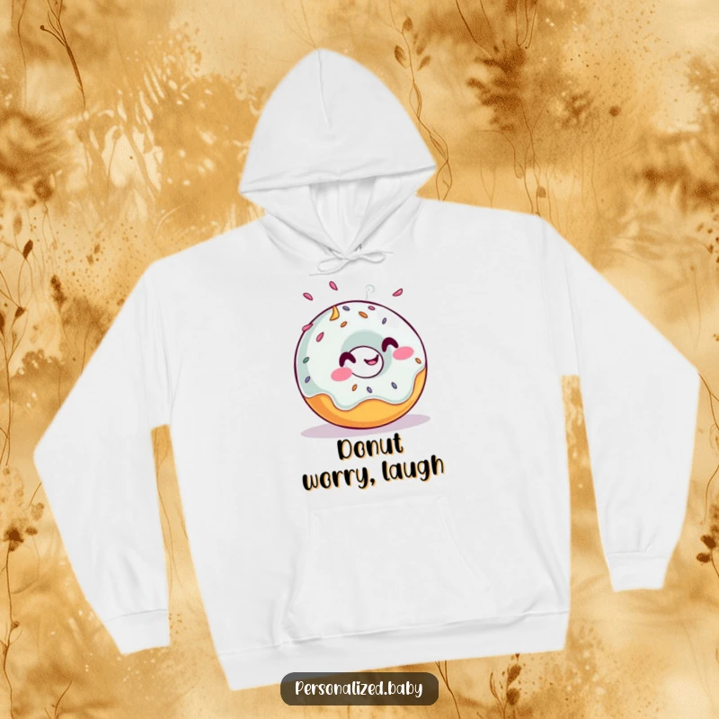 Funny, cozy hoodie showcasing a giggling donut rolling with sprinkles, ideal for comfort and sweet humor, a perfect funny gift.