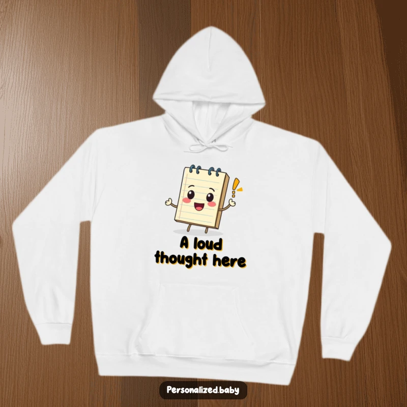 Funny anthropomorphic notepad character rolling with a bouncing exclamation mark, featured on a cozy hoodie.