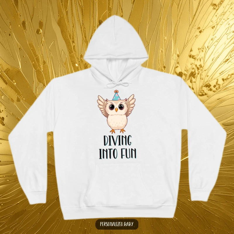 Funny hoodie with a baby owl in a party hat mid-swoop, a cozy and humorous garment for festive occasions.