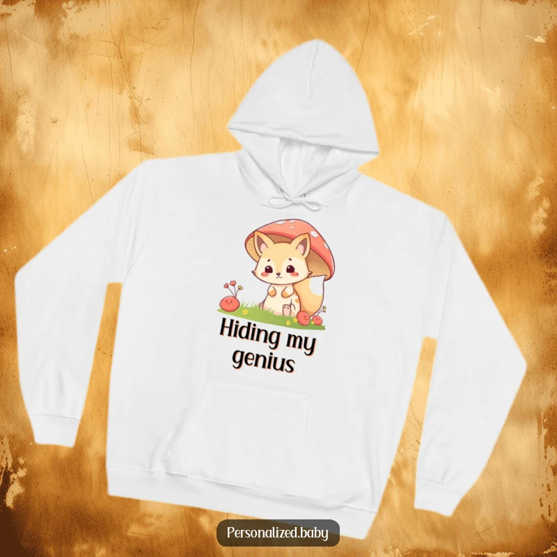 Funny Hoodie: A mischievous fox kit peeks from behind a giant mushroom, offering cozy comfort and a hint of woodland secrets.