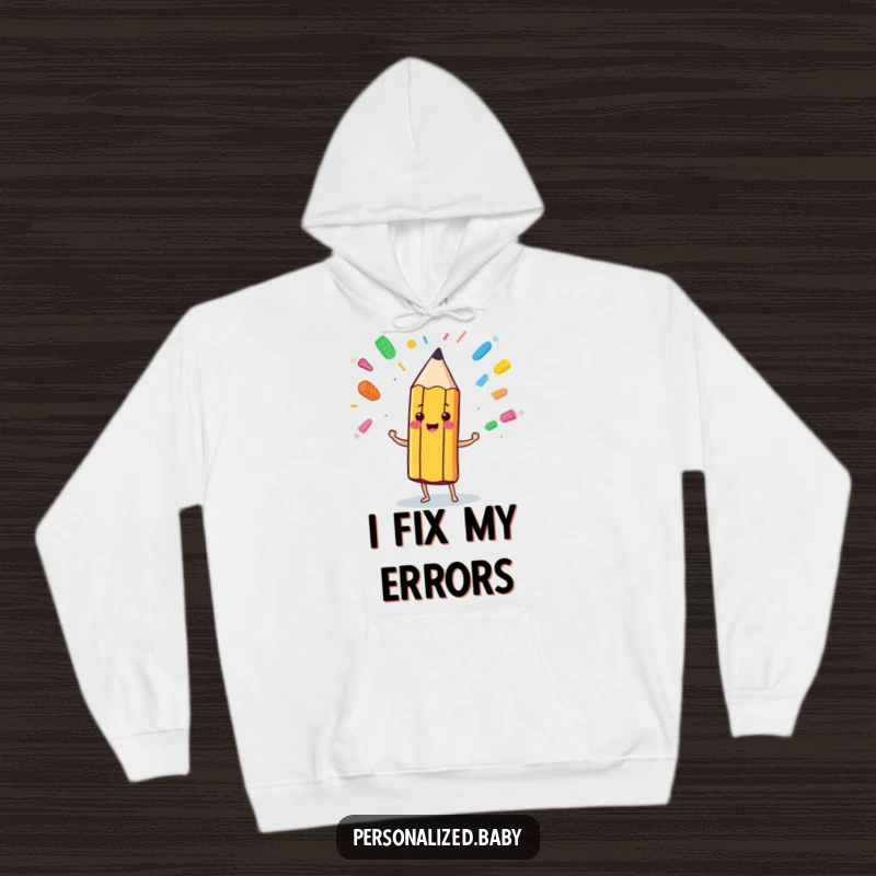 Funny anthropomorphic pencil charater in the act of juggling colorful eraser marks, featured on a warm and cozy hoodie.