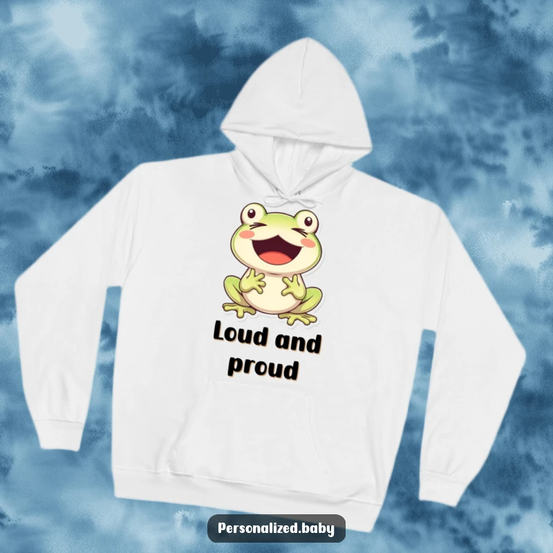 Funny, cheerful frog character singing with eyes closed and mouth wide open, featured on this warm and snuggly hoodie.