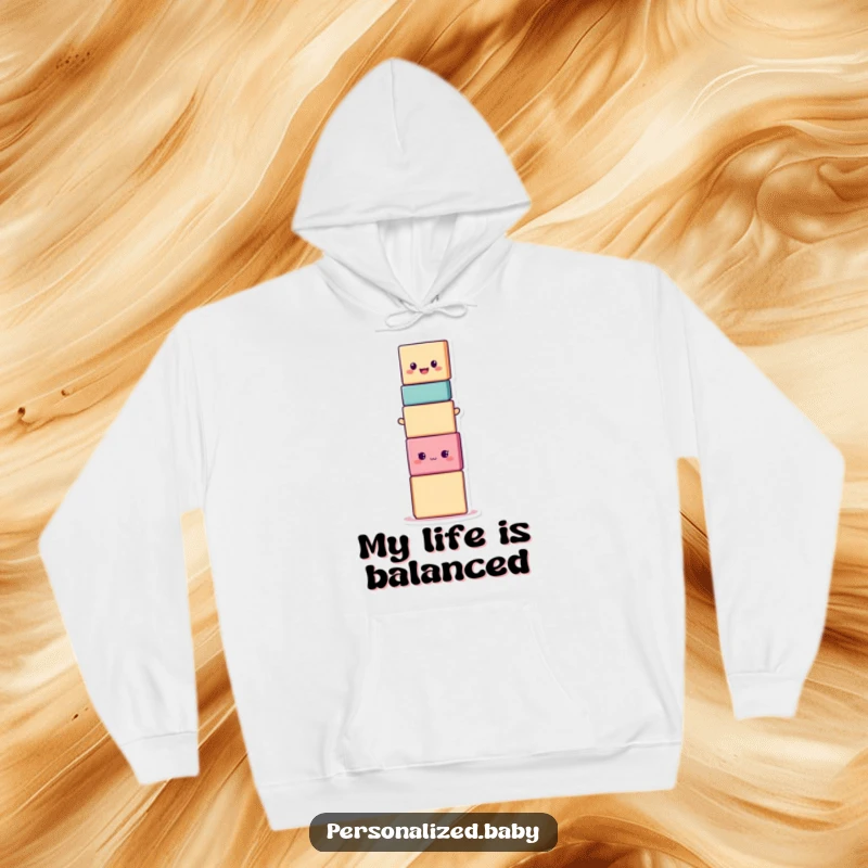 Funny smiling stacking block character in a precarious, wobbly stack, a cozy hoodie for expressing humorous personality.