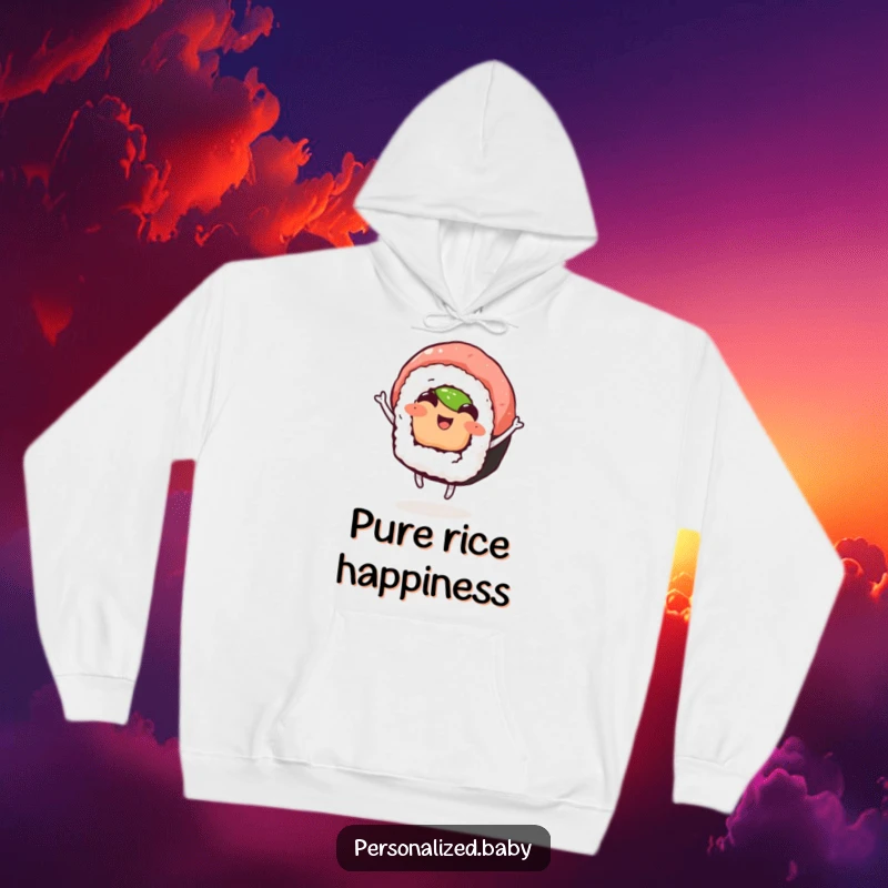 Funny, cozy hoodie showcasing a happy sushi roll in mid-dance, full of joy and movement, ideal funny gift for sushi fans.