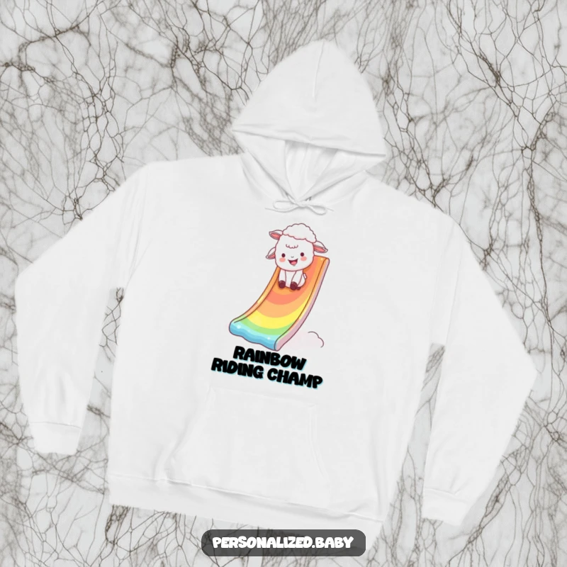 Funny Hoodie featuring a giggling lamb tumbling with abandon down a dazzling rainbow slide, symbolizing pure, unadulterated joy.