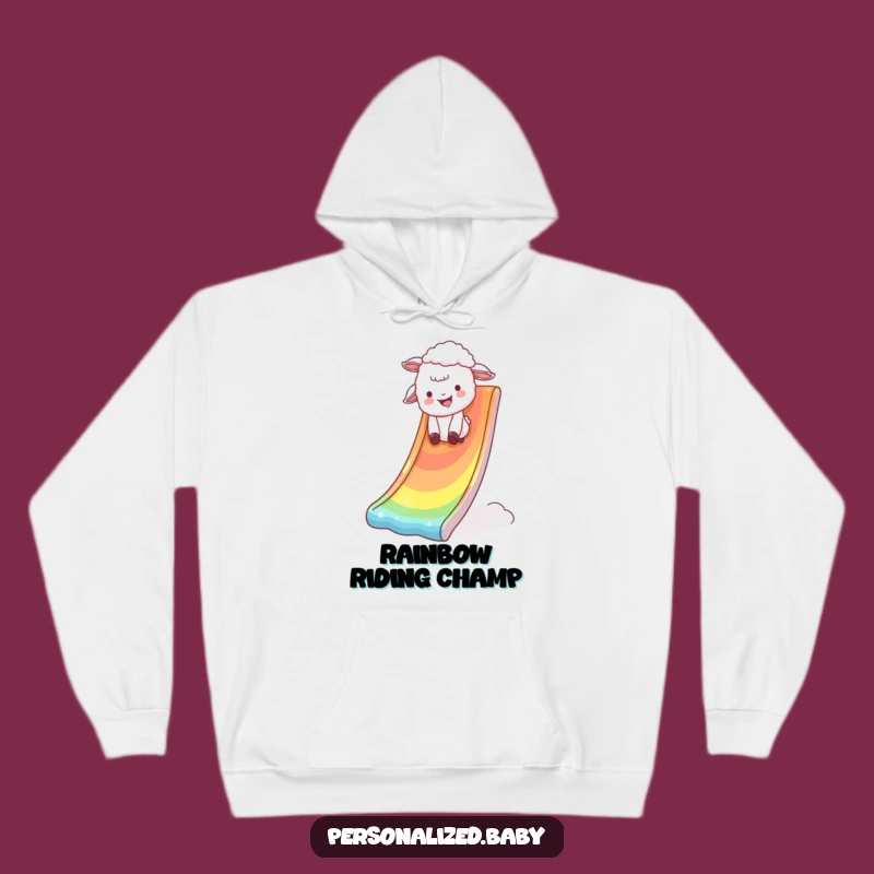 Funny Cozy Lamb Hoodie: Warm sweatshirt with lamb on rainbow slide, funny gift.