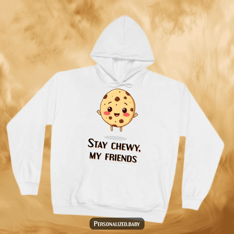Funny Cookie Hoodie: A cozy hooded sweatshirt showcasing a cheerful, bouncing cookie with chocolate chip freckles.