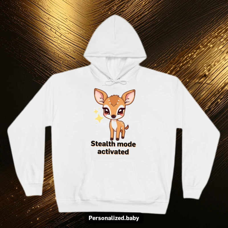 Funny hoodie depicting a shy deer fawn peeking from behind a twinkling star, soft, warm, and irresistibly cute.