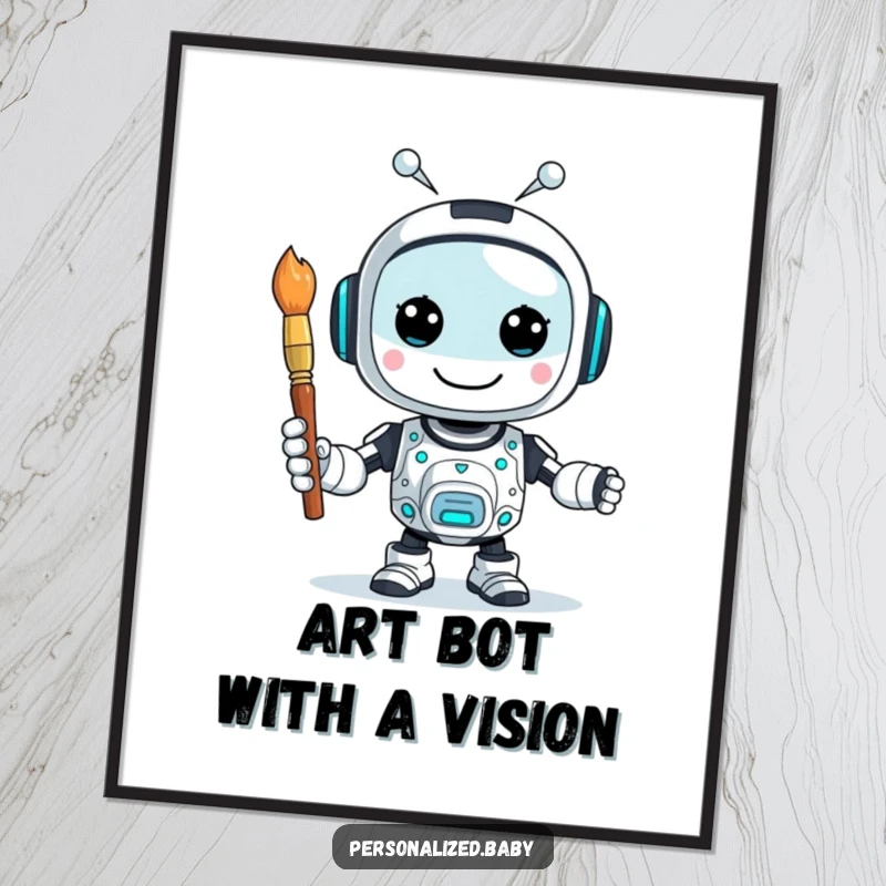 Funny Free Printable Wall Art: Joyful AI robot character holding a paintbrush, surrounded by colorful digital paint splatters, radiating creativity.