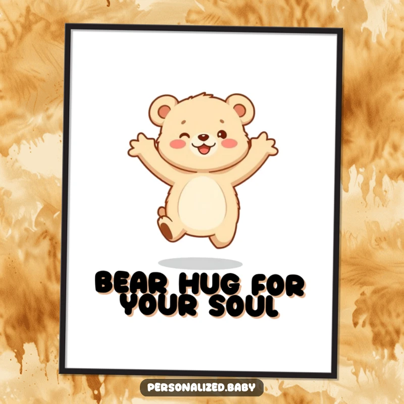 Funny Free Printable Wall Art: A small, fluffy bear cub jumping gleefully with arms outstretched. Adorable and humorous downloadable decor.